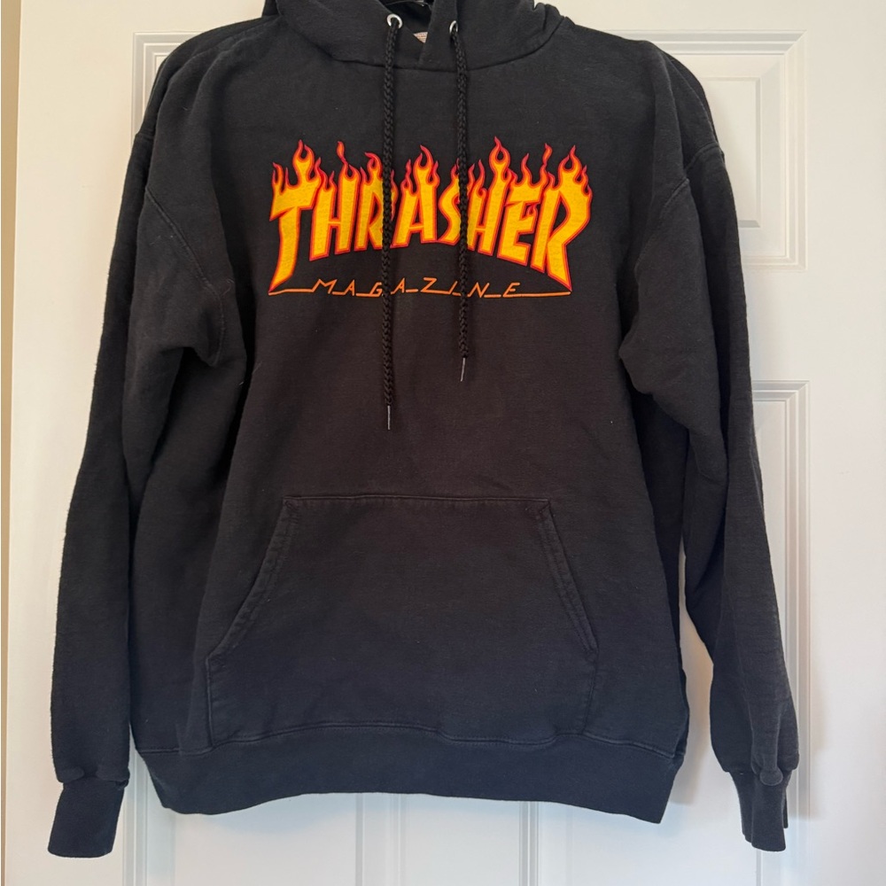Thrasher Black Hoodie with Fiery Logo